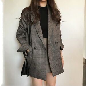 YesStyle Gray Plaid Oversized Blazer